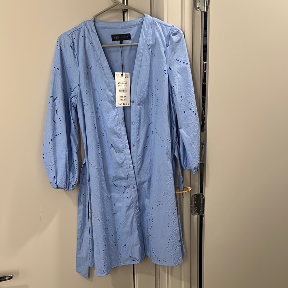 Zara Sky Blue Eyelet Wrap Dress